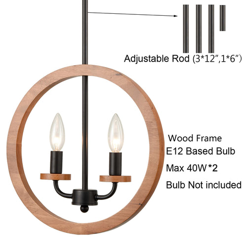 2-Light Farmhouse Chandelier Globe Wood Pendant Light